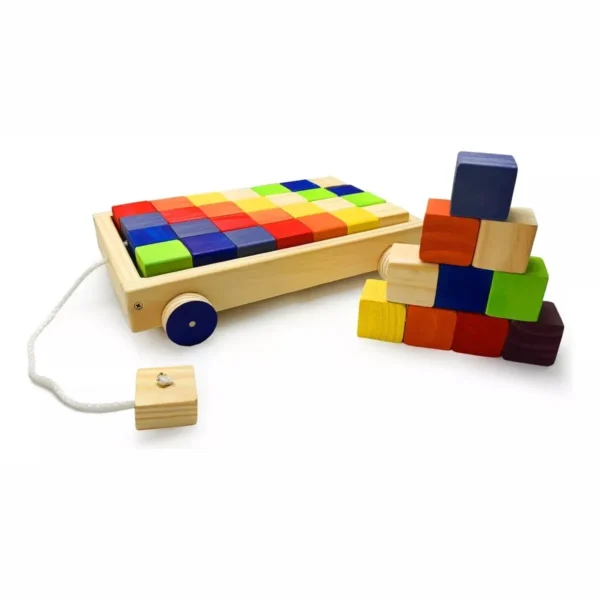 Carrito de arrastre de madera con cubos