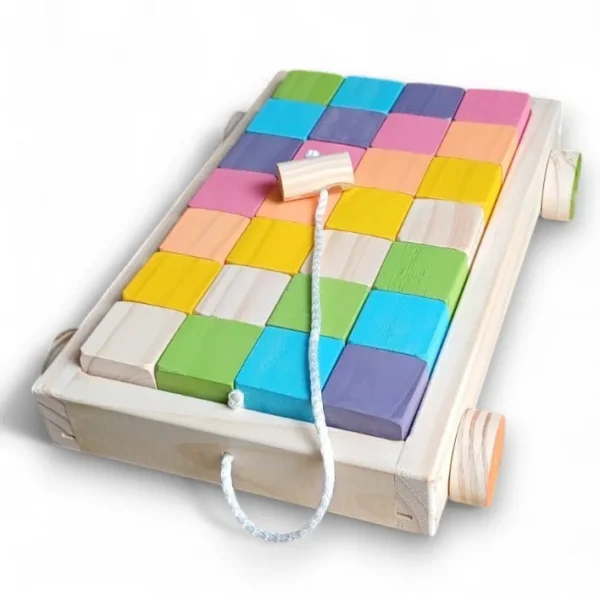 Carrito de arrastre de madera con cubos